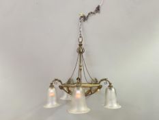 A Mid-20thc Art Nouveau style ceiling light decorated with patinated metal frame, the central
