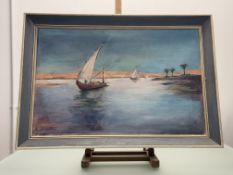 J.C Carsl.W., Boats on a lake, oil on canvas, signed and dated 1989 bottom left, framed. (49.