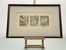 Lal Hitchcock, Three Hens, etching 30/50, signed, titled and dated '87 bellow, in a glazed frame. (