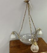 A Mid-Century Art Deco style chandelier with three arms, with central etched frosted glass basin,