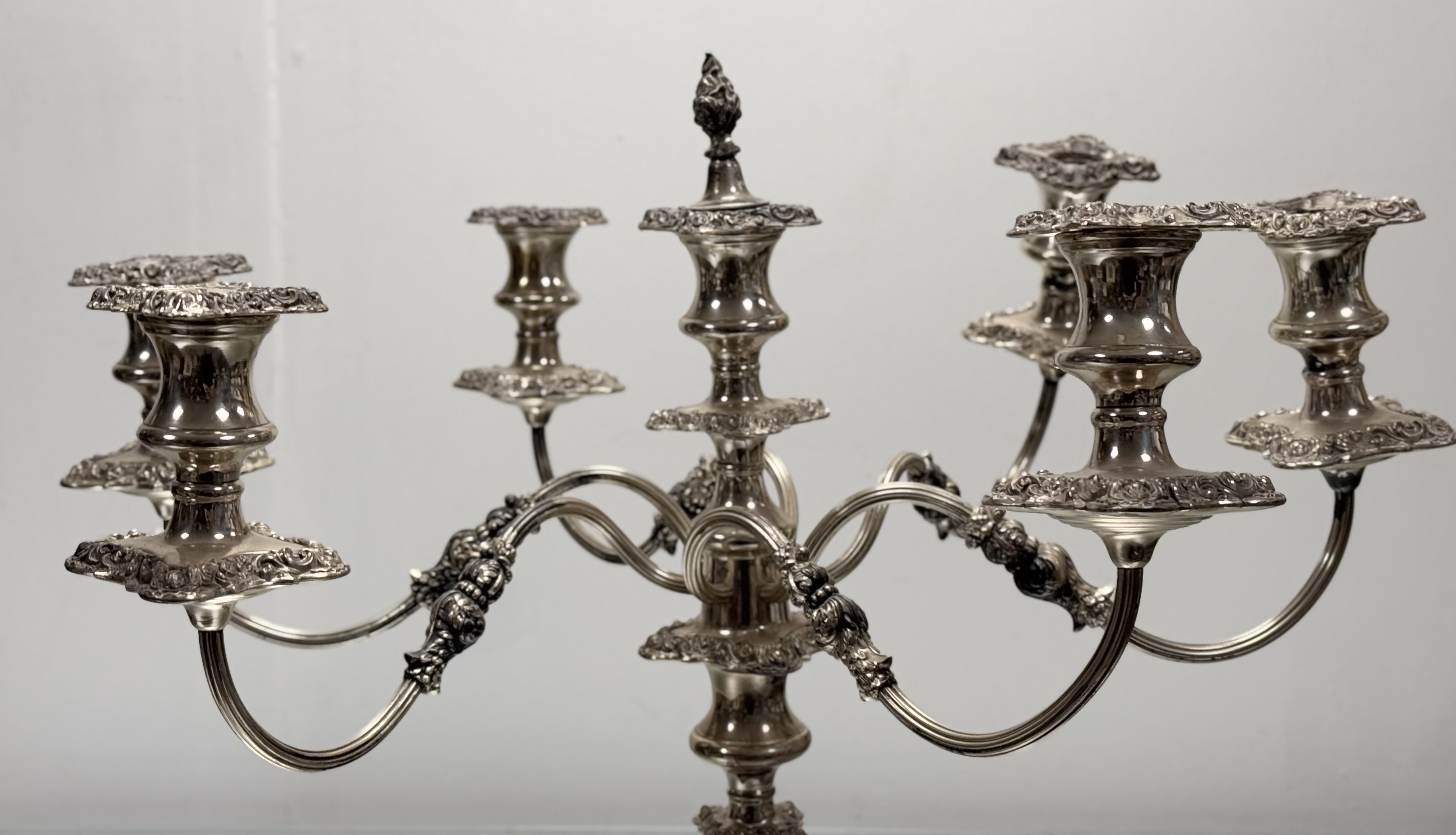 A substancial Victorian-style epns seven branch candelabra, the central baluster column with c - Image 2 of 3