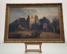 A 19thc School, Old Castle, oil on board, unsigned, in a gilt composition frame, signs of