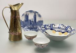 A collection of various wares comprising, a studio piece fruit bowl, with blue, yellow and white