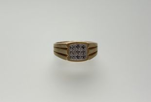 A Canadian 10k gold ring set three rows of diamond points 4/5 6.85g