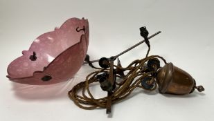 An Art Nouveau-style pink glass shade with etched foliate detail and shaped edges, together with a