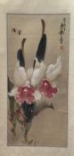 A Chinese silk scroll, depicting a traditional floral orchids study with insects, watercolour on