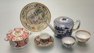 A collection of various Chinese wares comprising, an imari decoration teacup (h-4cm) and saucer (red