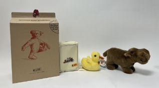 A Steiff yellow-tagged Mocky Hippopotamus with tags and in original box (w. 27cm), together with a