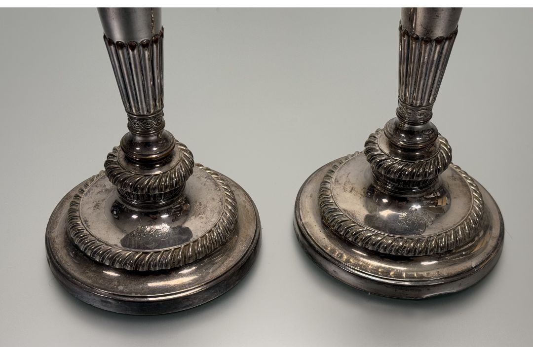 A 19thc Sheffield plated pair of weighted table candlesticks of tapered and fluted design on - Image 2 of 3