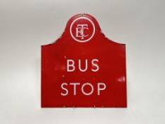 An early 20thc original double-sided metal enamelled vintage bus stop sign in the red and white