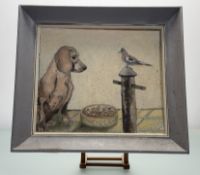 A Contemporary School, Study of a Eiger the Dog and a bird, oil on board, unsigned, framed. (34.