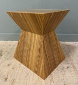 A contemporary teak side table, rectangular top over tapered mid-point and widens towards base: h.