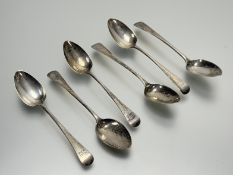 A set of six Georgian silver old English pattern tea spoons with engraved initials J.M.L: l. x