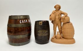 A Cask 88 miniature whisky barrel with brass mounts (h. 21.5cm), together with a Tomatin pure malt