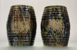 A pair of Victorian Scottish Pottery Barrels one reading SALT the other reading RICE, in mottled