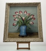 A Contemporary School, A Still of Tulips in a blue vase, watercolour on paper, unsigned, in a glazed
