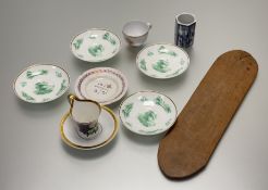 A collection of various wares comprising, four green building scenes with gilt edge, a KPM (