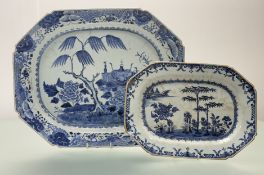A 19thc Chinese blue and white rectangular dish, with hand-painted garden scene with willow tree and