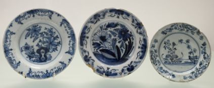 A trio of Mid/Late 18thc Delftware tin glazed plates, one with hand-painted floral chinoiserie