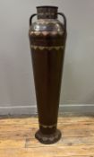 A tall copper twin-handled riveted urn, brass-bound, possibly Morrocan (h. 113cm) (small dent to