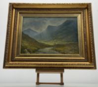 A 19thc School, A Shepard and Dog walking through the Valley, oil on canvas, monogramed JF bottom