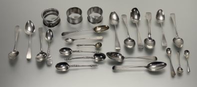 A collection of eleven various 18th and 19thc teaspoons various dates, three silver napkin rings,