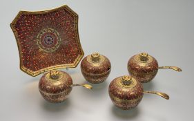 A set of four Thai Porcelain highly decorated gilt lidded soup pots with spoons together with a