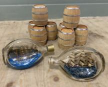 A pair of miniature ships in Haig & Haig whisky bottles, along with eight miniature whisky