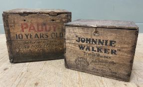 A pair of vintage wooden whisky crates, one from Paddy 10 Years Old Irish Whiskey from Cork, the