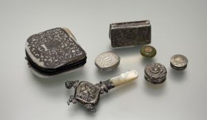 A collection of silver and white metal objects to include a Little Boy Blue mother-of-pearl teething