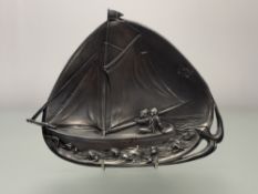 An Art Nouveau WMF Pewter sailboat moulded visiting card tray, marked verso. (w-22cm h-18.5cm)