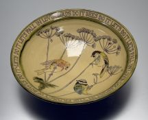 A Margaret Brampton, earthenware and sgraffito glaze bowl, with birds to centre enclosed within a