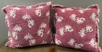 A pair of cotton coconut palm tree cushion covers on a pink ground, with fringe border (55cm x 53cm)