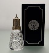 A modern Birmingham silver-topped Millennium cut crystal table sugar castor with urn final in