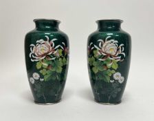 A pair of Mid Century Japanese Ginbari cloissonne vases with chrysanthemum motifs on a green