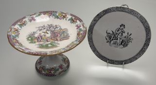 An Ironstone pestal dish on stand, with a Chinese Garden scene (h-16.5cm w-28m) together with an