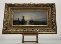 A 19thc School, Ships passing Windmills, oil on board, inscribed S.Bough verso, in a glazed gilt