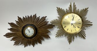 A Mid Century Sunburst clock with French movement and key, with giltwood features and enamelled dial