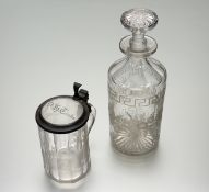 A 19th century pewter-mounted engraved cut-glass covered tankard, the faceted cylindrical body