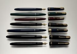 Seven UK Parker Duofold fountain pens, to include; Lady, 17 Super, Junior, Slimfold, Senior