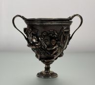 A late 19thc Elkington & Co Sheffield plated gilt Roman revival two-handled cup with female and male