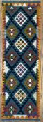 A modern Maimana kilim runner, central panel with repeating diamond motif with geometric border,
