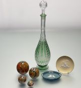 A collection of decorative desk wares comprising, a green bohemian cut glass decanter with