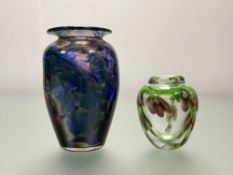 A floral Iris Art Glass Vase, unsigned. (h-13cm) together with a Millrace Studio Art Glass Vase,