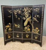 A contemporary Chinese four-panel folding screen, featuring lacquered finish decorated with