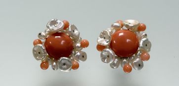 A pair of Joseph Bonnar of Edinburgh 9ct gold pink coral button earrings within a surround of