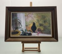 M Eadie, Blackbird, acrylic, signed and dated '89 bottom right, paper label verso, framed. (