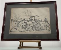 A set of six large format black and white engraved cartoons, Cruikshank and others, early 19th