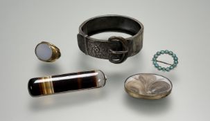 A collection of jewellery to include a late Victorian Birmingham silver stiff hinged buckle,