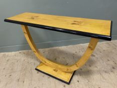 A contemporary Art Deco style satinwood veneered console table, rectangular top with ebonised edge